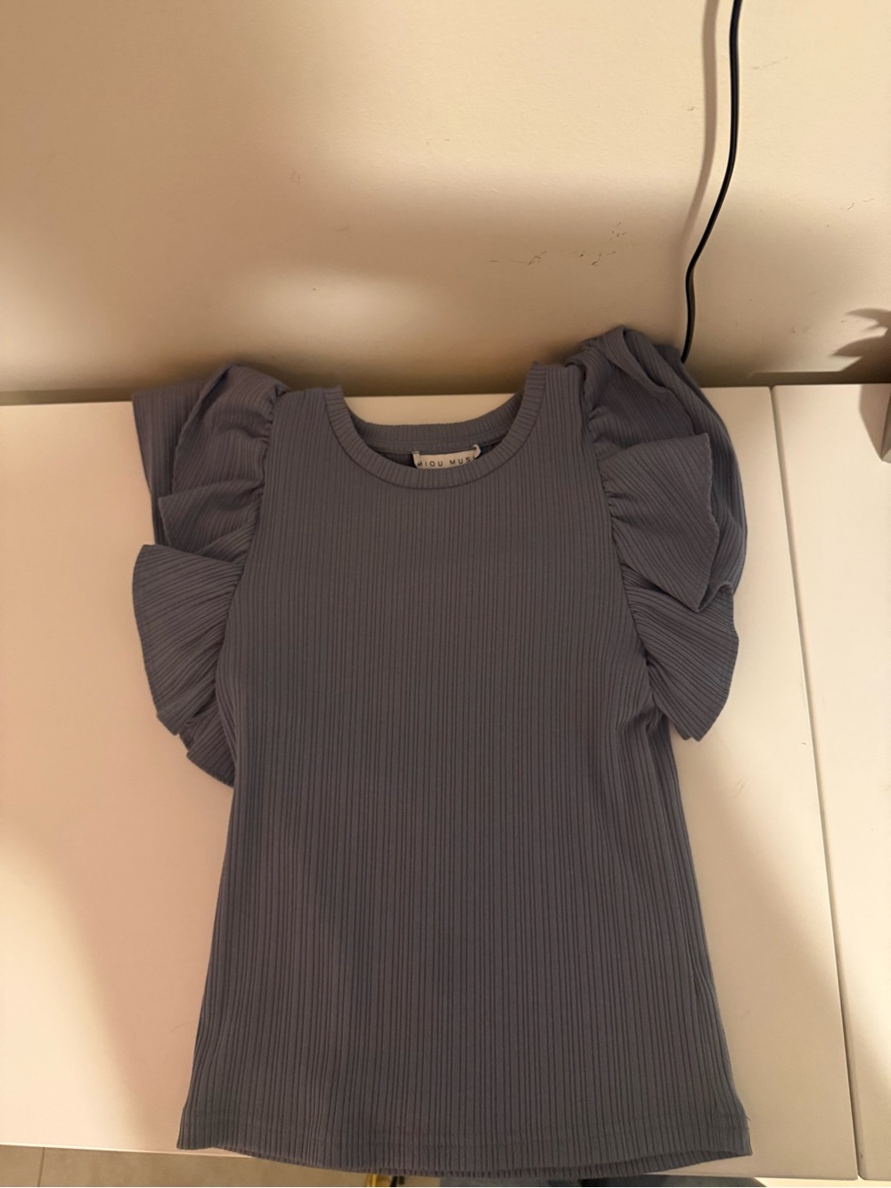 Ribbed Ruffle Sleeve Tunic Top - Dusty Blue